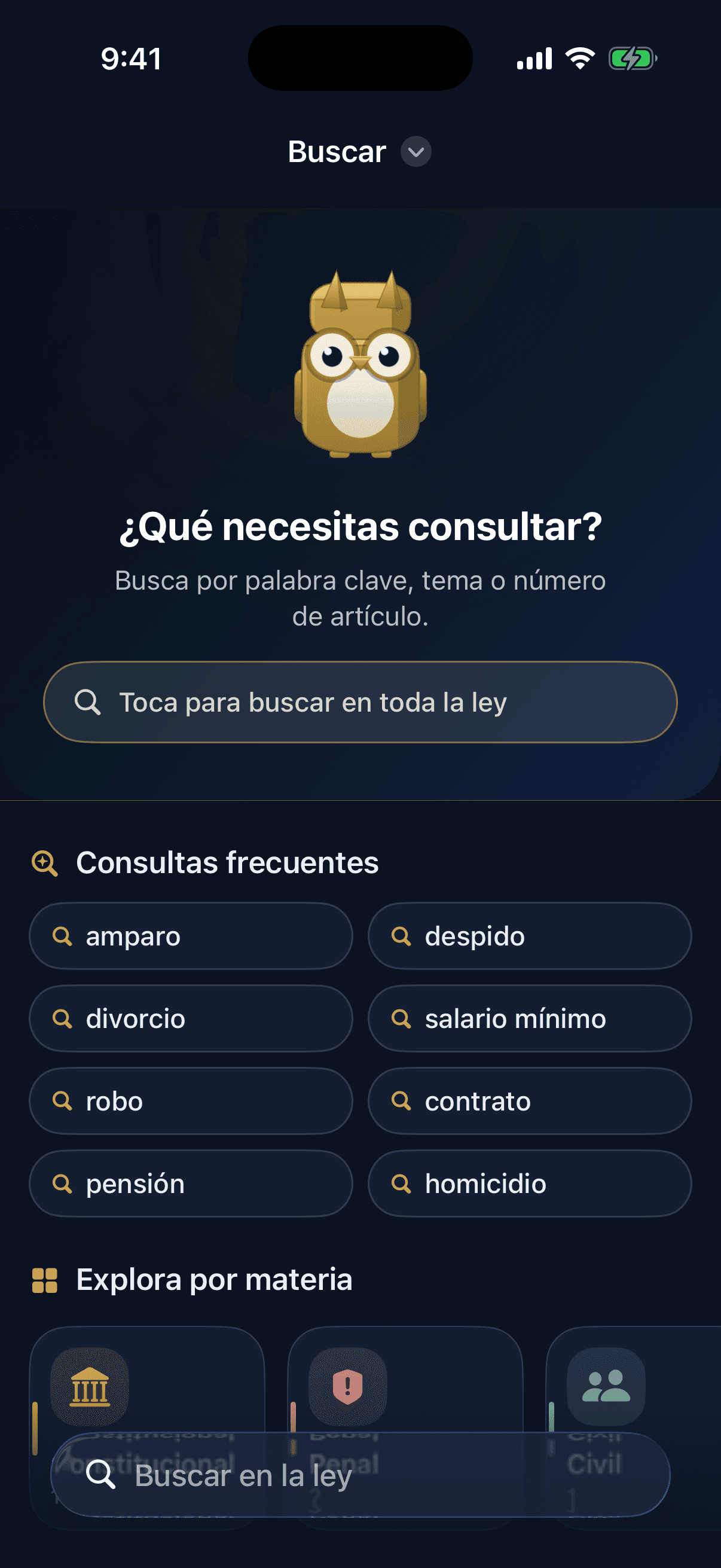 LeyMX search screen with the owl mascot Teco