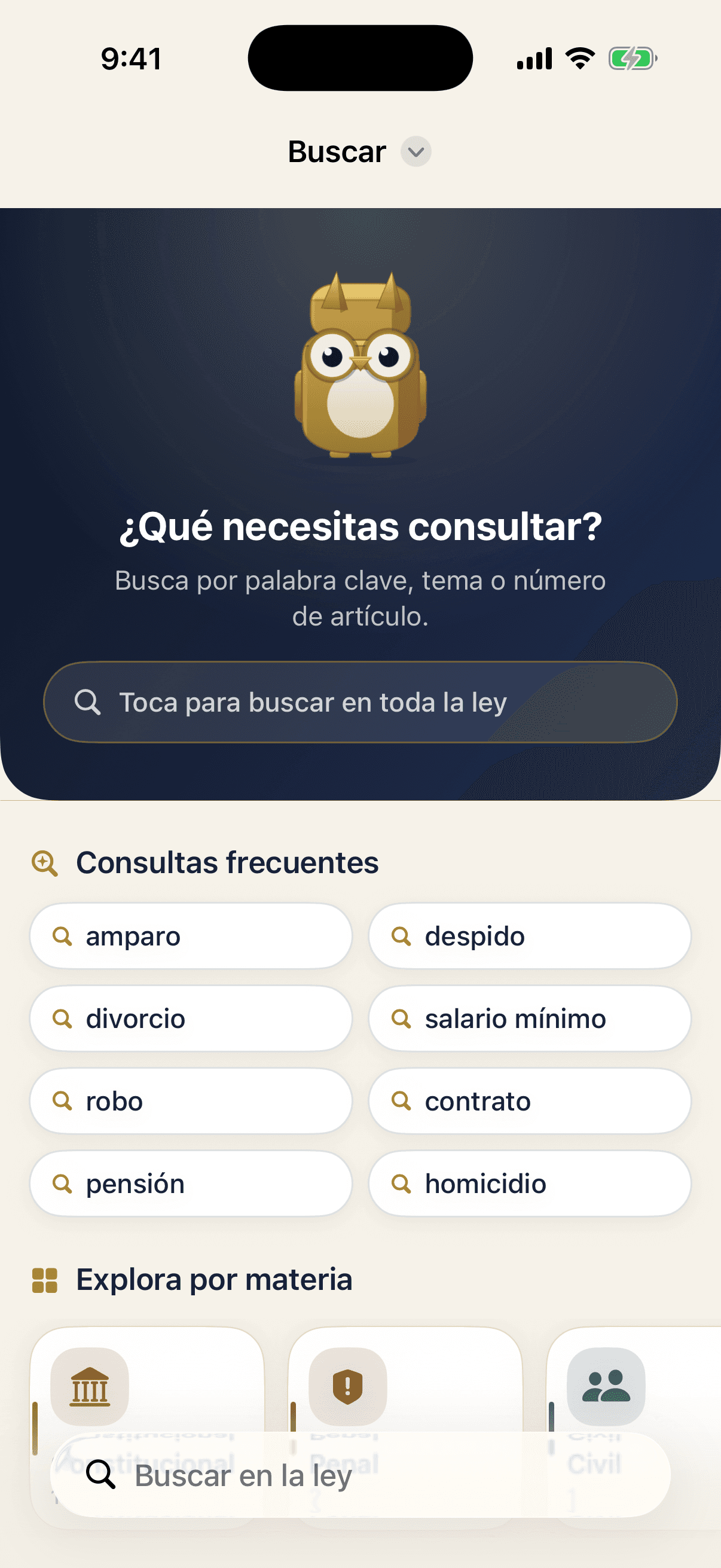 LeyMX search screen with the owl mascot Teco